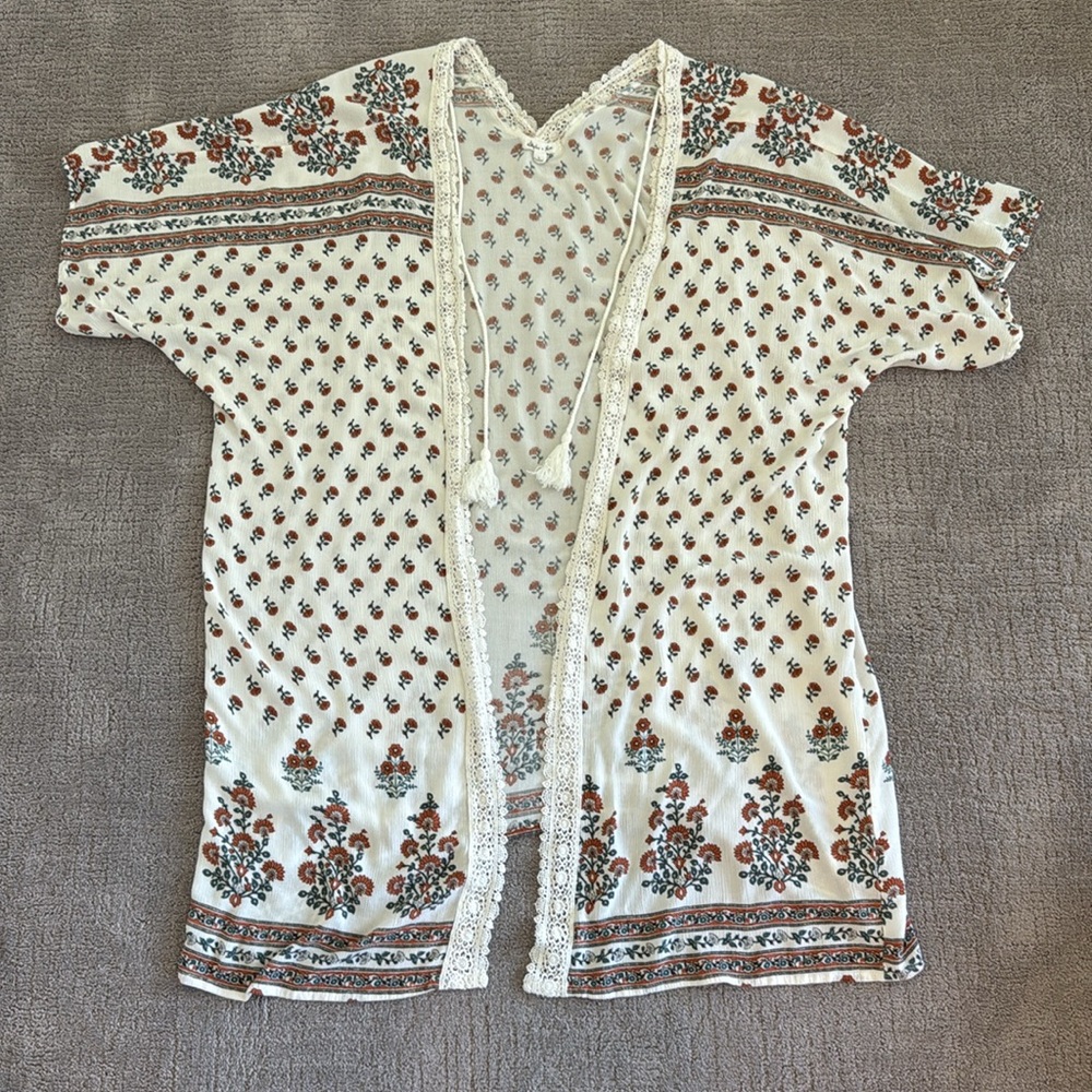 Skylar & Jade Boho Floral Lace Tassel Kimono Size Large White Rust Bohemian